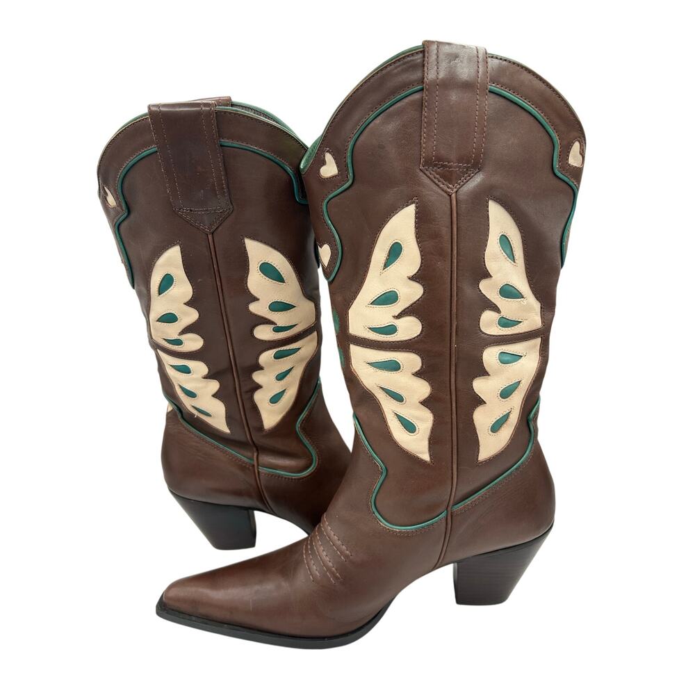 RARE VTG Western Butterfly Heart Boots Brown turquoise Leather Women’s SZ 10